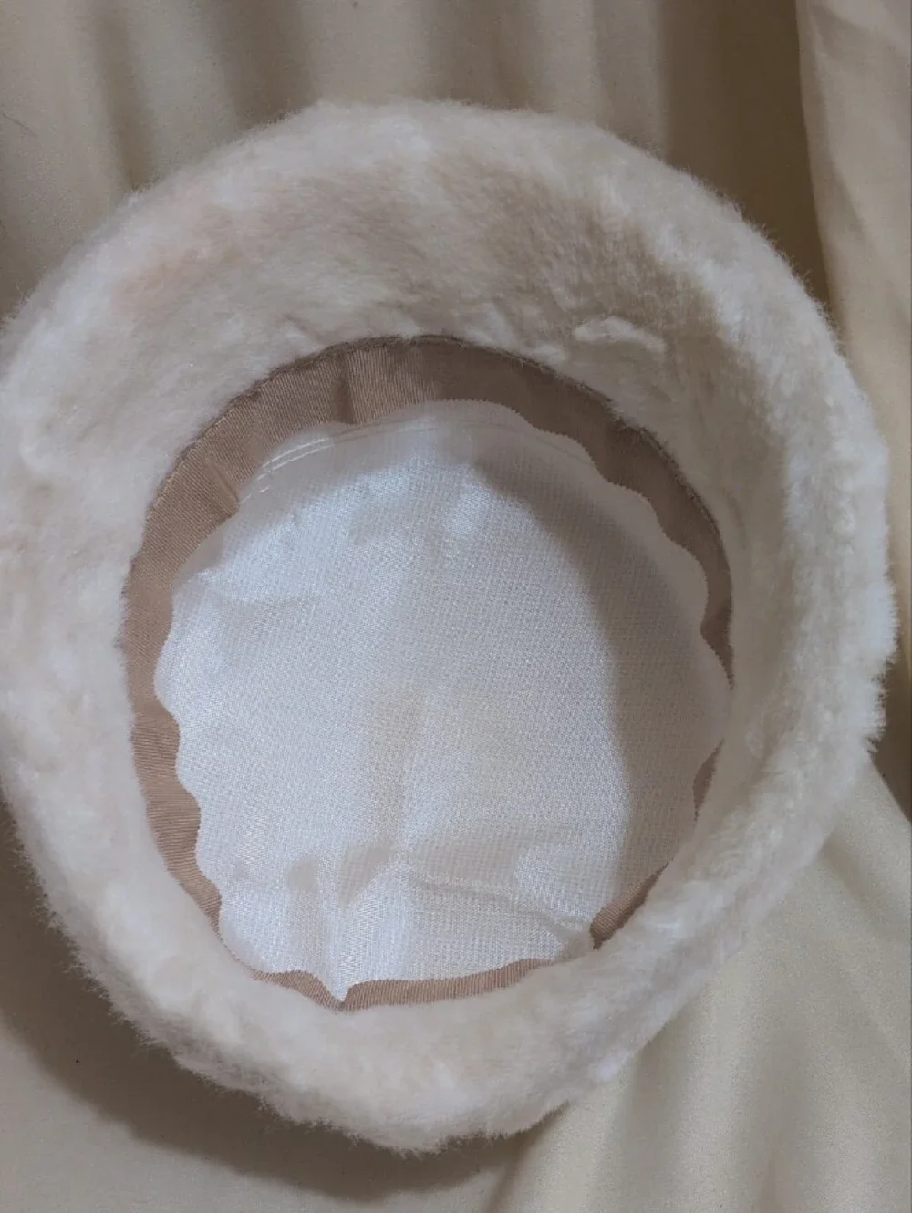 Vintage Cream Plush Bucket Hat with Satin Band and Pearl Detail